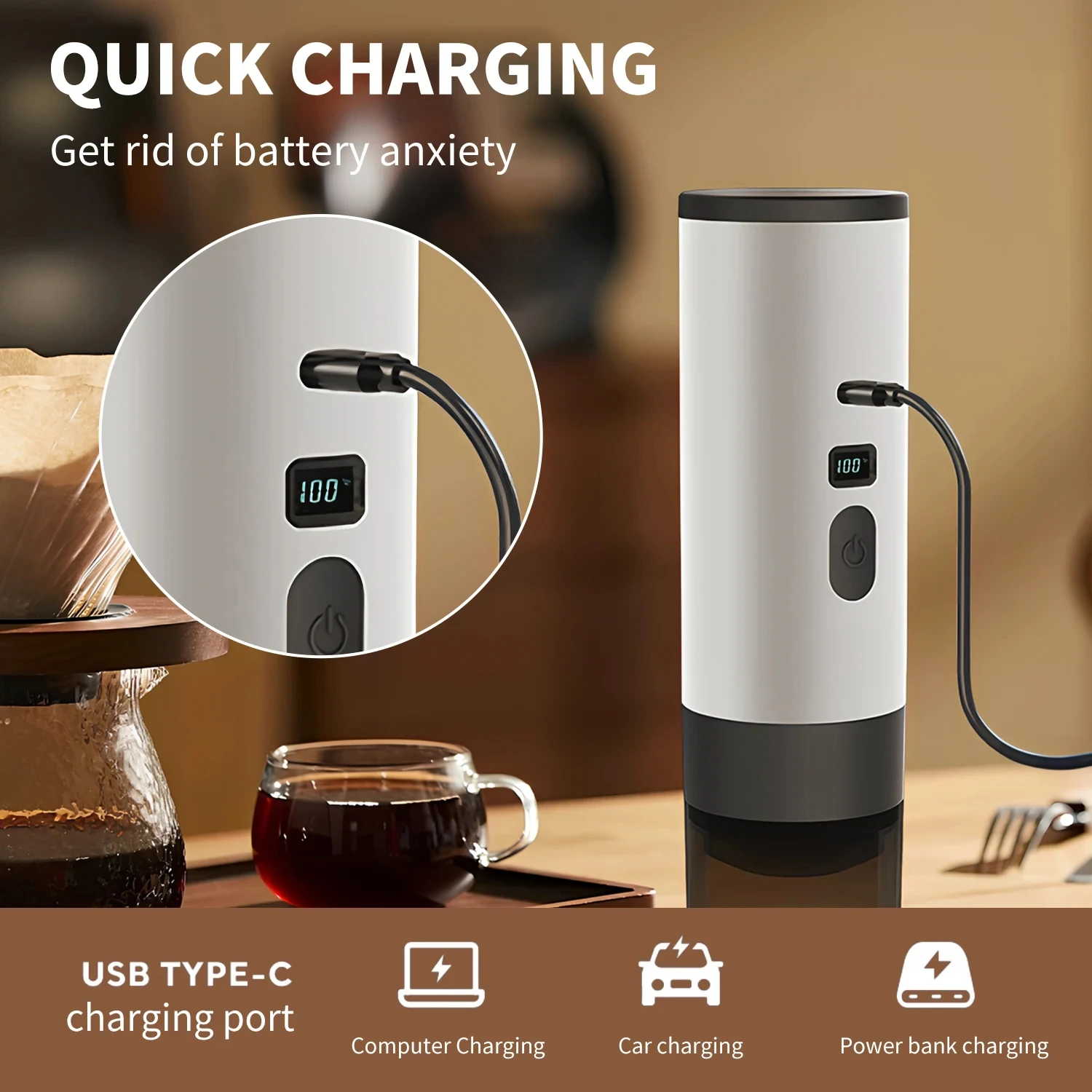 Portable Wireless Charging Coffee Machine 15BAR Multi-function 3 in 1 Fully Automatic Heating Overflow Capsule Coffee Machine