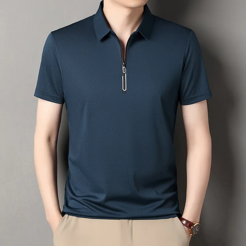 Neues Herren-Poloshirt mit Business-Casual-Reißverschluss, kurzärmelig, einfarbig, modisch, warm, bequem, vielseitiges Oberteil für vier Jahreszeiten – Detail 10