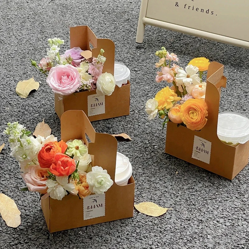 10pcs Portable Flower Gift Bag Kraft Paper Holder Coffee Flower Cake Dessert Packaging Box Photo Favor Drink Carrier With Handle
