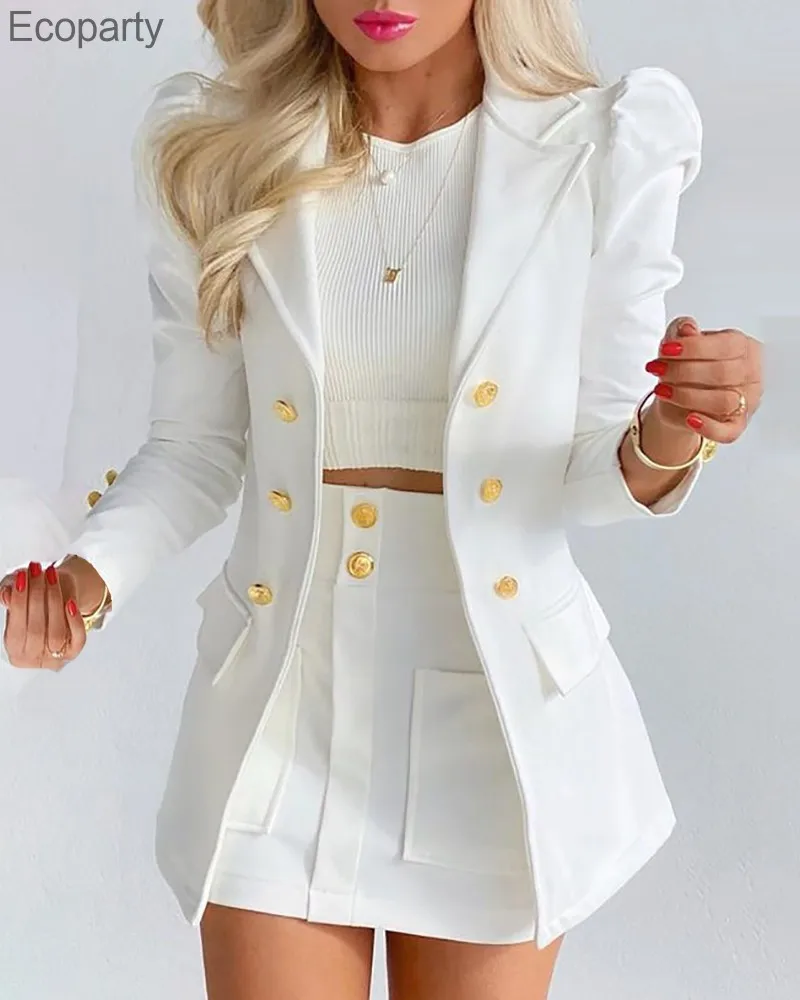 

Large Size Women's Clothing Temperament Slim Short Skirt 2pcs Set Lady Spring Summer Long Sleeve Shoulder Pads Suit blazer mujer