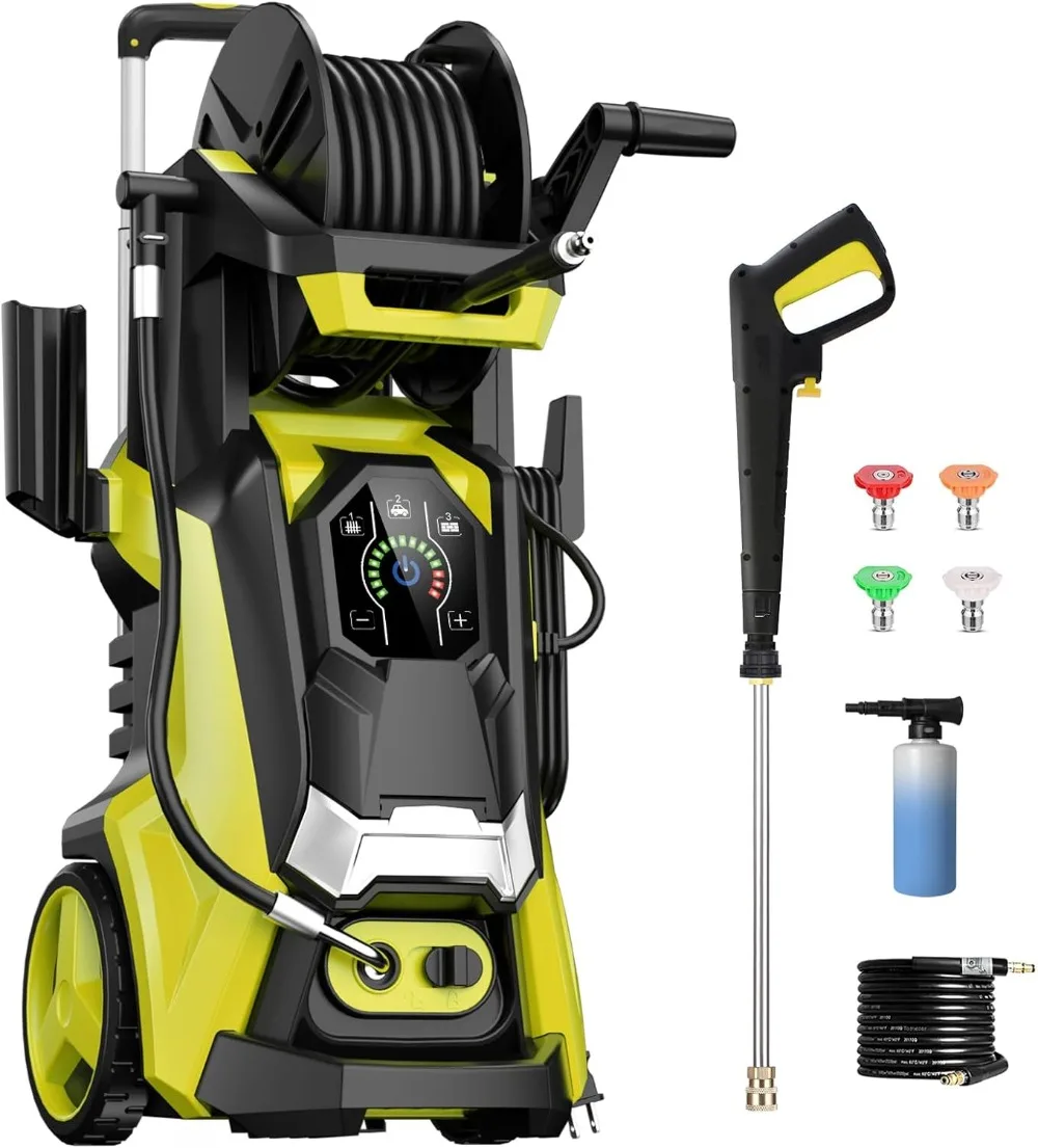 

Electric Pressure Washer 4000 PSI 2.6 GPM Three Modes of Touch Screen Adjustable Pressure 4 Nozzles and Foam Cannon Hose Reel