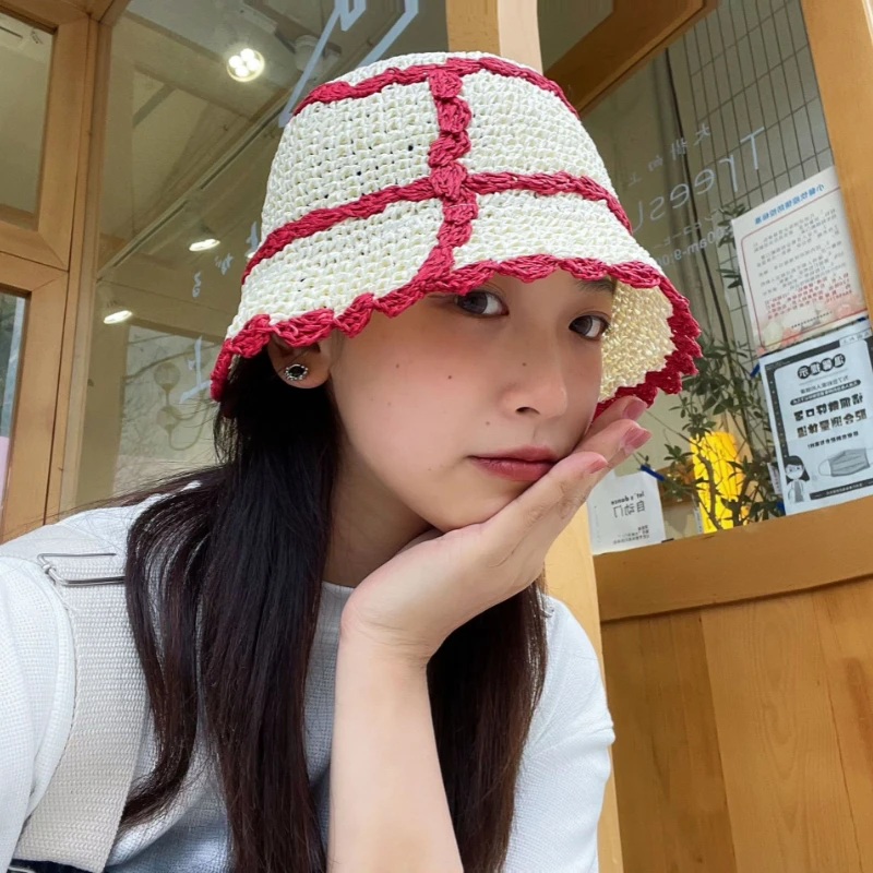 2022 New Summer Sweet Straw Hat Contrast Color Lace Shade Women Beach
