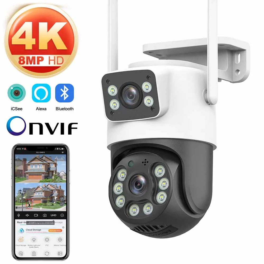 4K 8MP WiFi Surveillance Camera, Dual Lens, 4X Digital Zoom, AI Human Detect, ONVIF, Outdoor Security PTZ IP Cameras 1