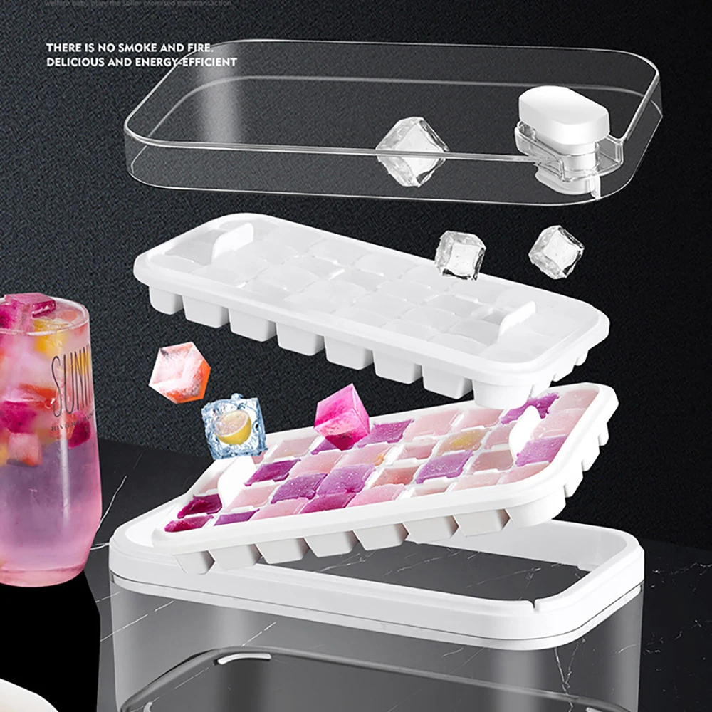 One-button Press Ice Cube Tray Mould Container Box with Lid