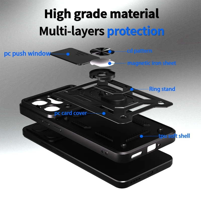 Enhanced Slide Camera Protection Phone Case with Magnetic Ring Holder and Armor Back Cover