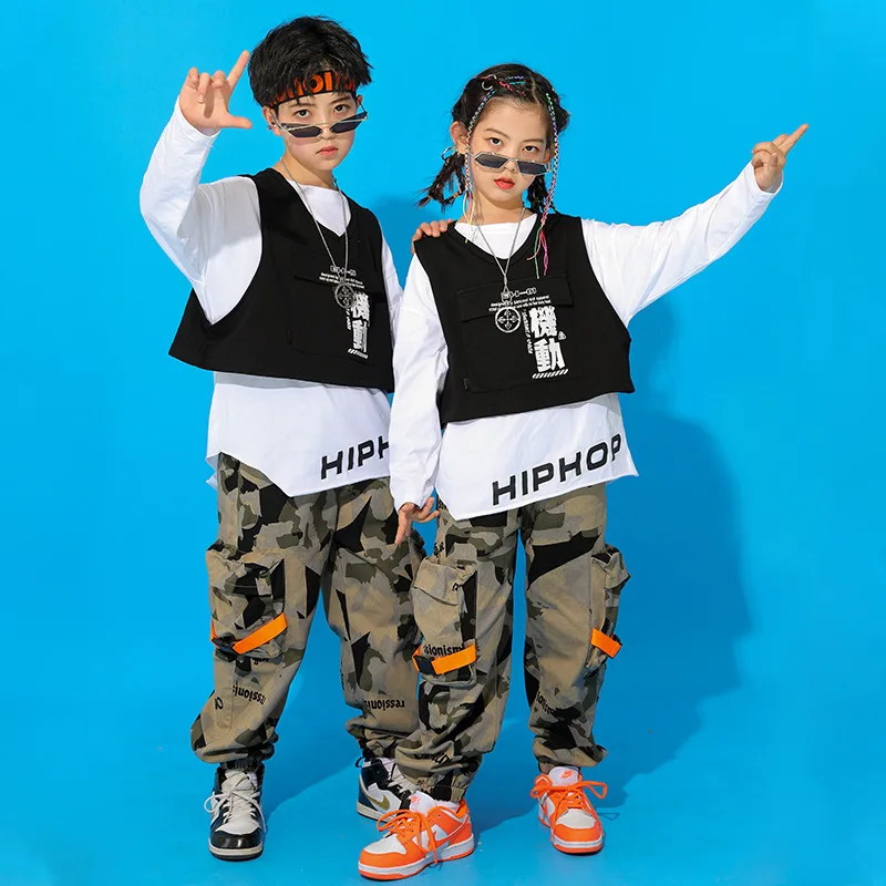 

Камуфляжные брюки для мальчиков и девочек, жилет, свитшот, комплекты одежды для подростков, джазовая уличная одежда, детские костюмы