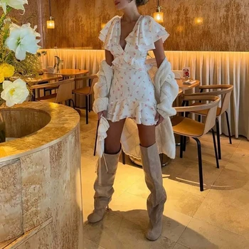2026 Spring Women's Summer New Ruffled Floral Short Skirt V-neck Pleated Dress Shorts 1