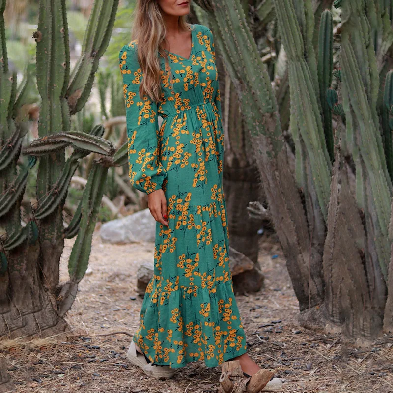 Casual Floral Printed Loose Fit O-neck Women Maxi Dress main image 1