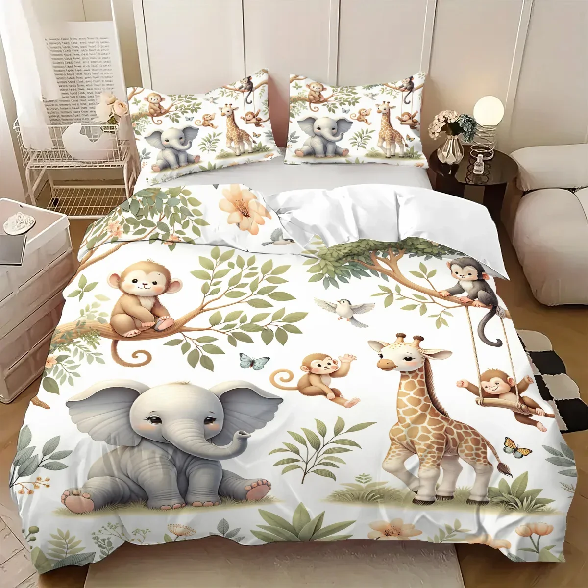 3pcs Duvet Cover Set King Size,Cartoon Zoo Pattern Print,  1 * duvet cover+2 pillowcases-Bedding Set for Bedroom,Hotel