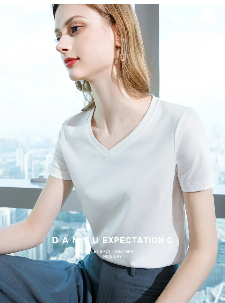 Ice Sensitive Silk Cotton V-neck Short Sleeved T-shirt for Women's Solid Round Neck Basic Commuting Elastic Oversized Top