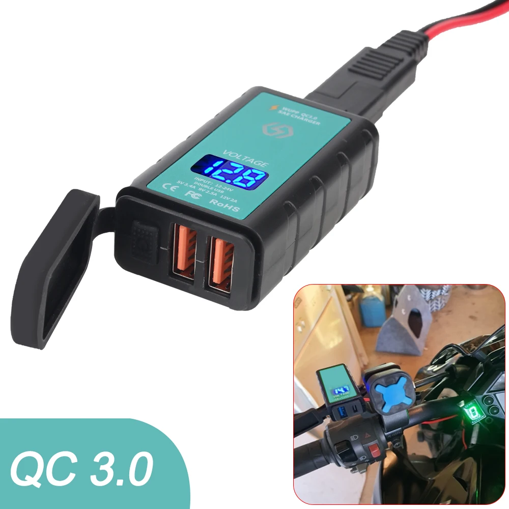 

With Voltmeter Switch Button Moto Accessory Vehicle-Mounted Quick Charge 3.0 12V Waterproof Motorcycle Charger Dual USB Adapter