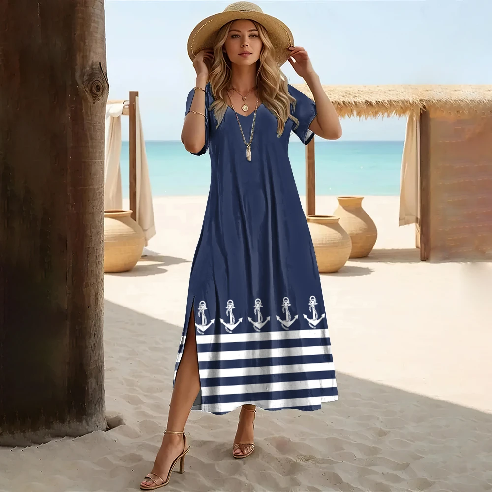 

New Women's Dresses Anchor Print Elegant Midi Dresses Female Short Sleeve Dresses Fashion Oversized Clothes Summer Holiday 2024