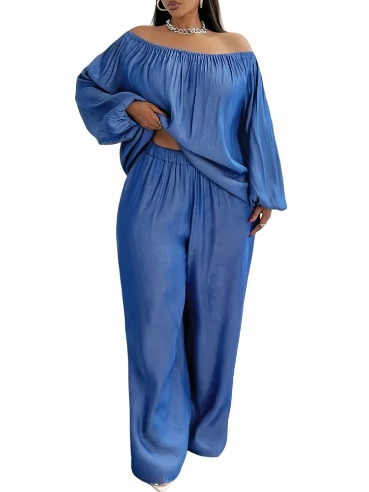 Wmstar Two Piece Set Women Wholesale A Solid Color Large Size Spring Set Imitating Denim A One Shoulder Loose Top Wide Leg Pants
