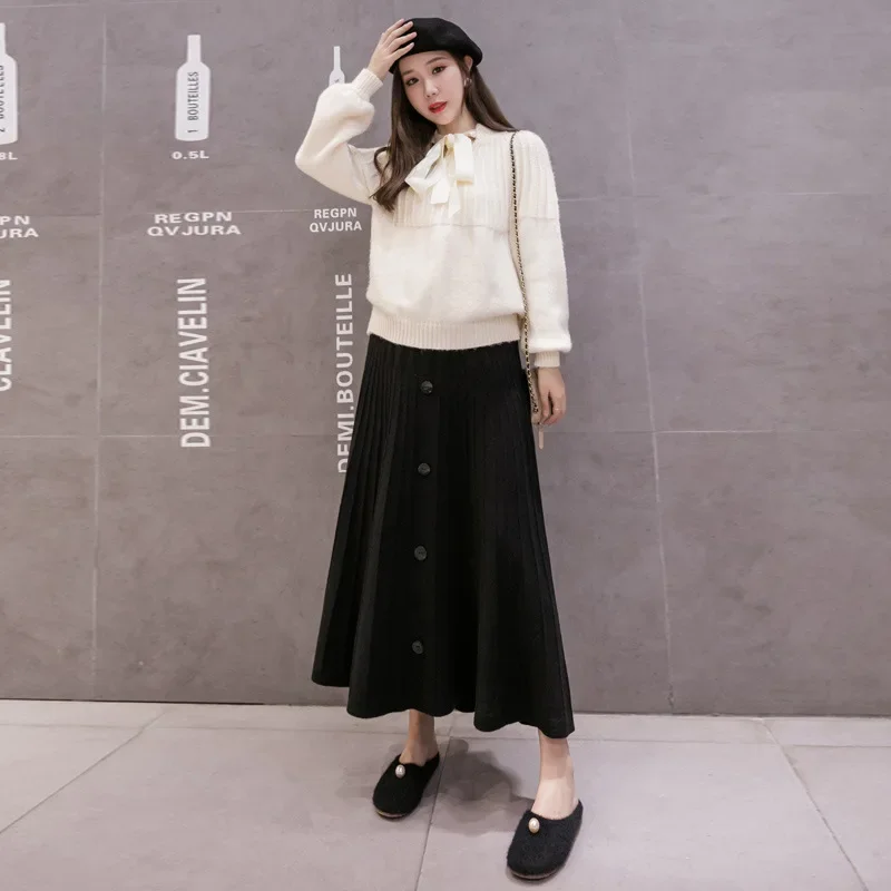 Fashionable Knitted Maternity Skirt High Waist Autumn Winter Outerwear Maxi Dress for Trendy Moms Slimming A- Line Skirts