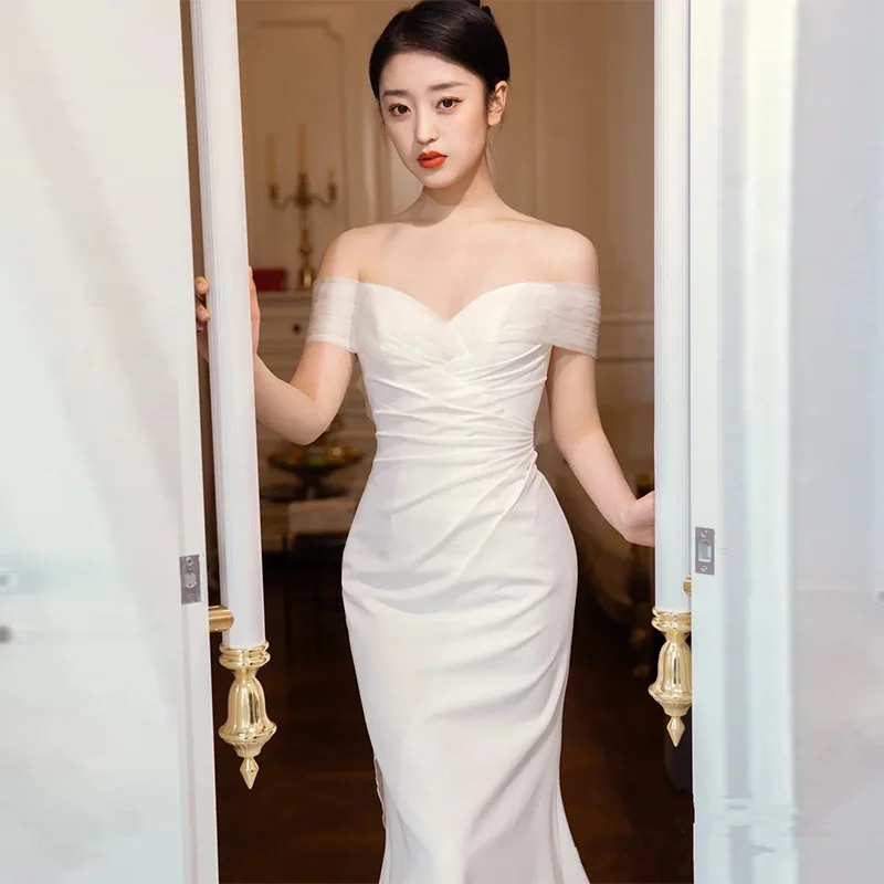 

Elegant Sexy Off Shoulder Qipao Fairy Trailing Dress Gown Slash Neck Cheongsam Celebrity Banquet With Bowknot Robe De Soiree