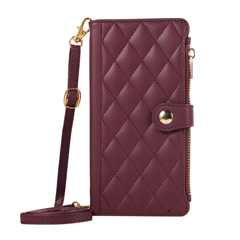 Rhombus Grid Flip Wallet Phone Case with Long Hanging Rope