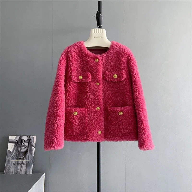 Casaco Preto Feminino 100 Australian Wool Green Pure Cashmere Coat 2023 New Young Ladies Gold Buckle Lamb Fur Jacket for Women