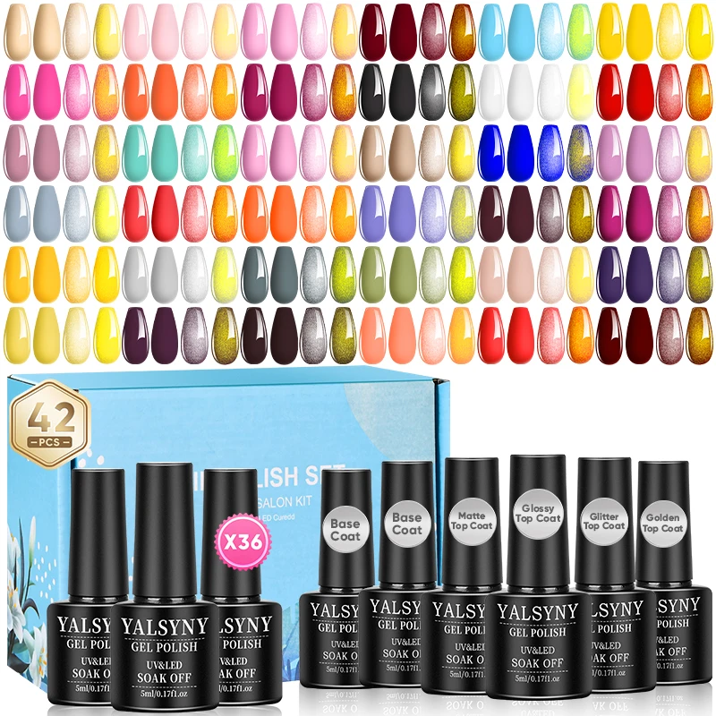 Complete Gel Nail Polish Collection - 42 Piece Set with 36 Vibrant Colors, Base Coat, Glossy, Matte, Golden, and Glitter Top Coats