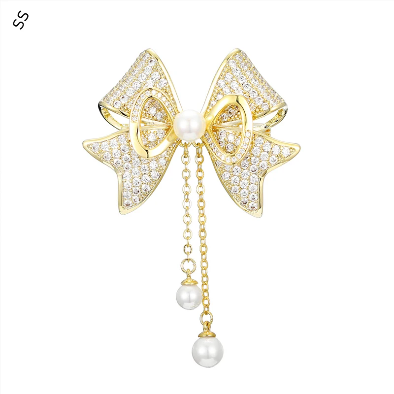 

High-grade Classic Pearl Bow Brooch Korean Copper Plated Hand Inlaid Gemstone Zirconic Suit Corsage Pin Fashion Coat Decoration