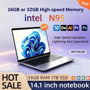 Intel N95 14.1 Inch Laptop 4C4T 3.4GHz 15W 6MB Cache 32GB RAM 1TB 2TB SSD 1920x1080 Portable Notebook Office Study PC Pro Max 1