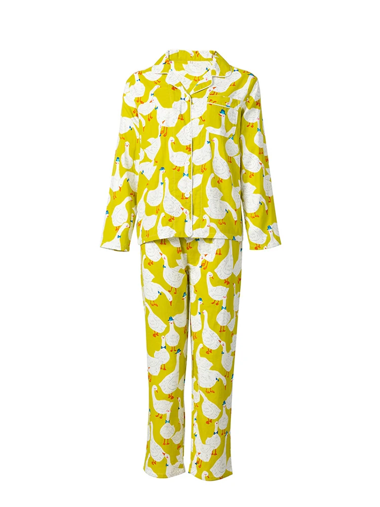 Spring Cotton Women's Pajama Set Cartoon Goose Print Two Piece Long Sleeve Tops Elastic Waist Pants Loose Lounge 1906