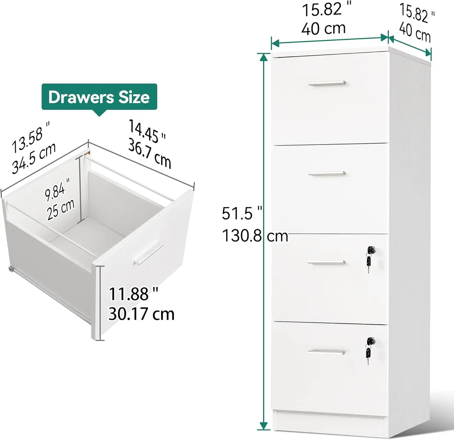 4 Drawer File Cabinet with Lock, Chests of Drawers, Wood Storage Cabinet, Home Office Cabinets, Hanging Letter/Legal/A4, White