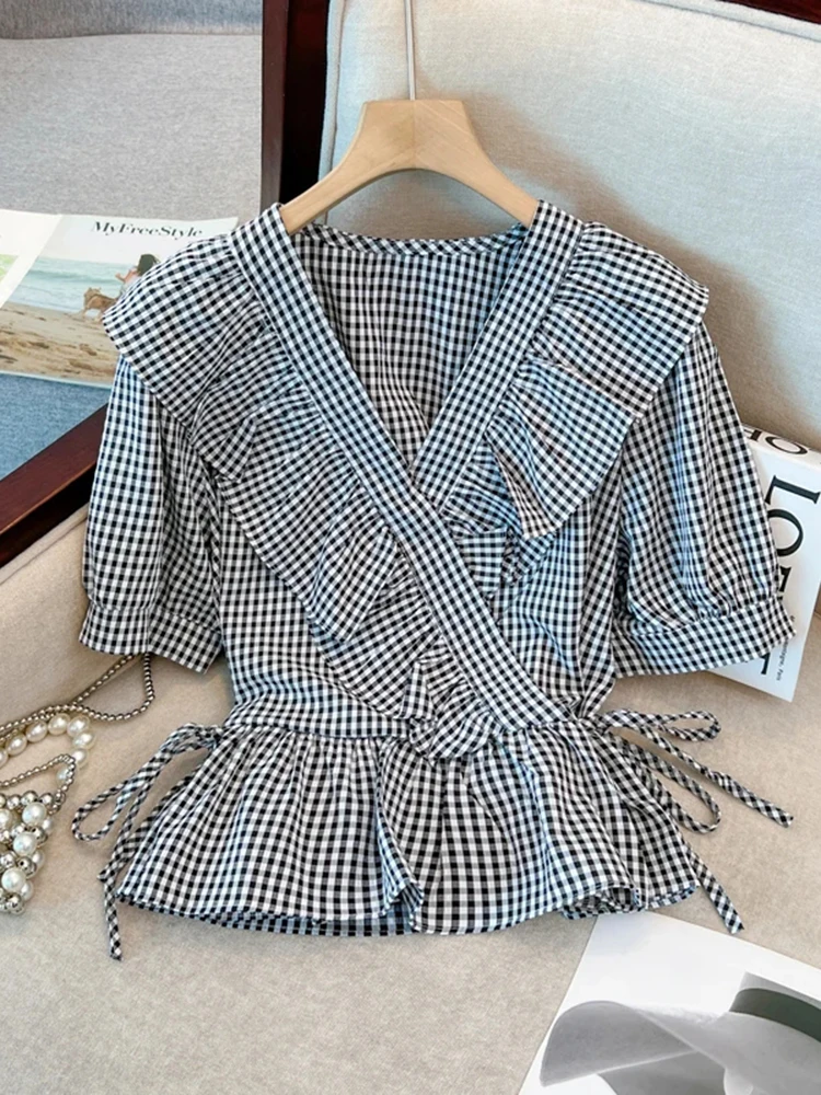 Женская блузка с оборками и V-образным вырезом, с пышными рукавами