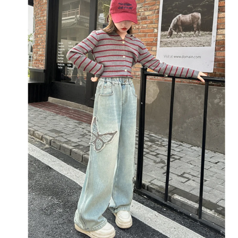 십대 소녀 청바지 나비 무늬 아동 바지 가을 소녀 데님 와이드 레그 팬츠 5 6 7 8 9 10 11 12 13 14세 아동복