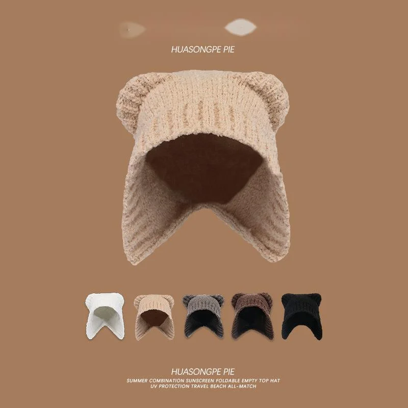 Nuovo cappello di peluche a forma di orsetto, cappello di protezione per le orecchie lavorato a maglia caldo e carino per bambini, cappello di lana coreano dolce e resistente al freddo_voghion.com