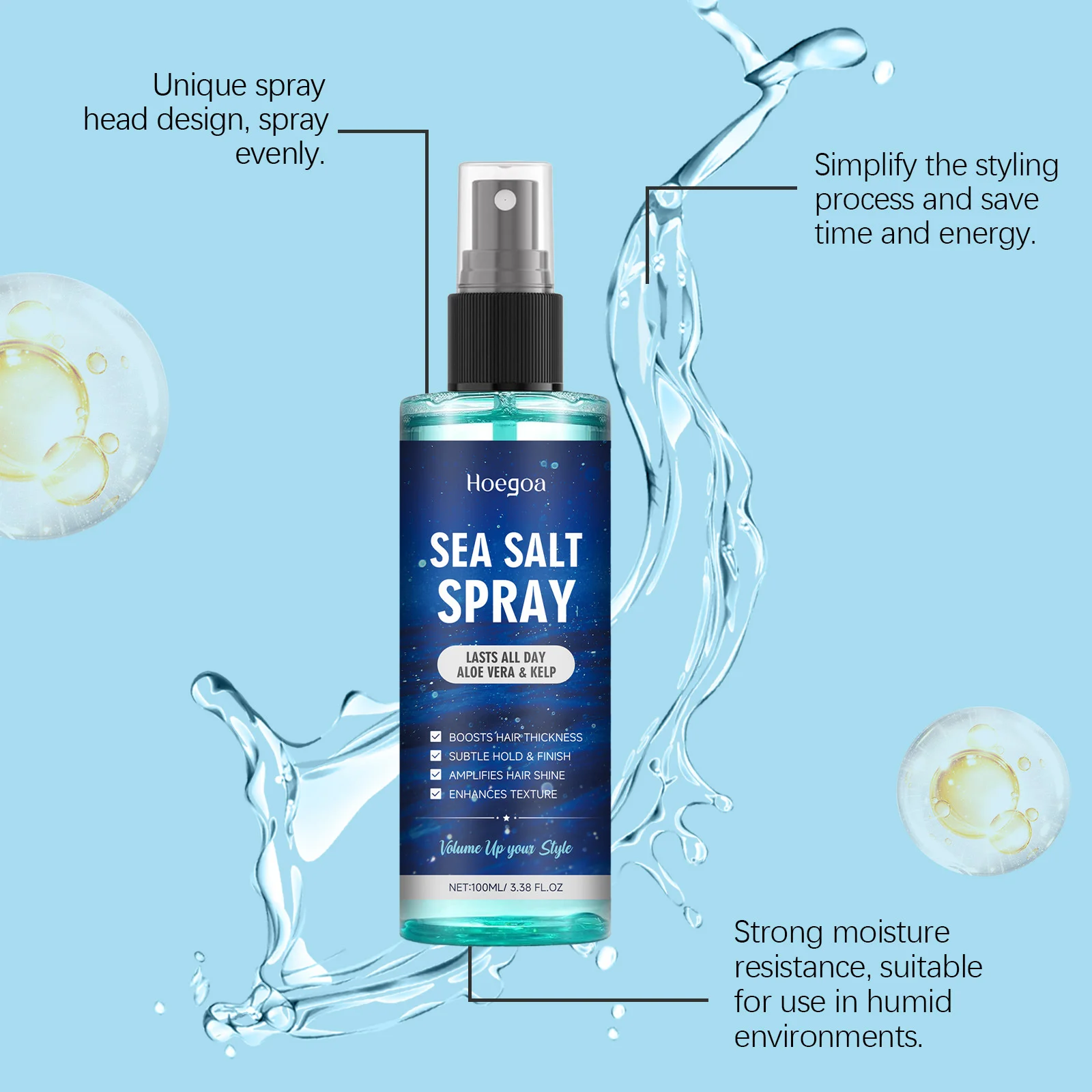 Hoegoa Sea Salt Spray Hair Styling Mousse Repair Damaged Curly Boost Prevent Dryness Add Texture Thickness Curls Styling Cream