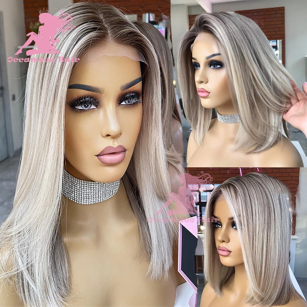 Perruque Bob Lace Front Wig Remy Brésilienne Naturelle, Cheveux Lisses, Couleur Blond Ombré, Bords Complets, à Reflets, pour Femme