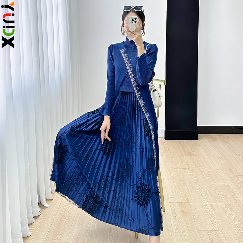 

YUDX Miyake Fashion Printed Pleated 2 Pieces Set Long-sleeved Dress Woman Luxury Evening Party Pullover Loose Tops Elegant