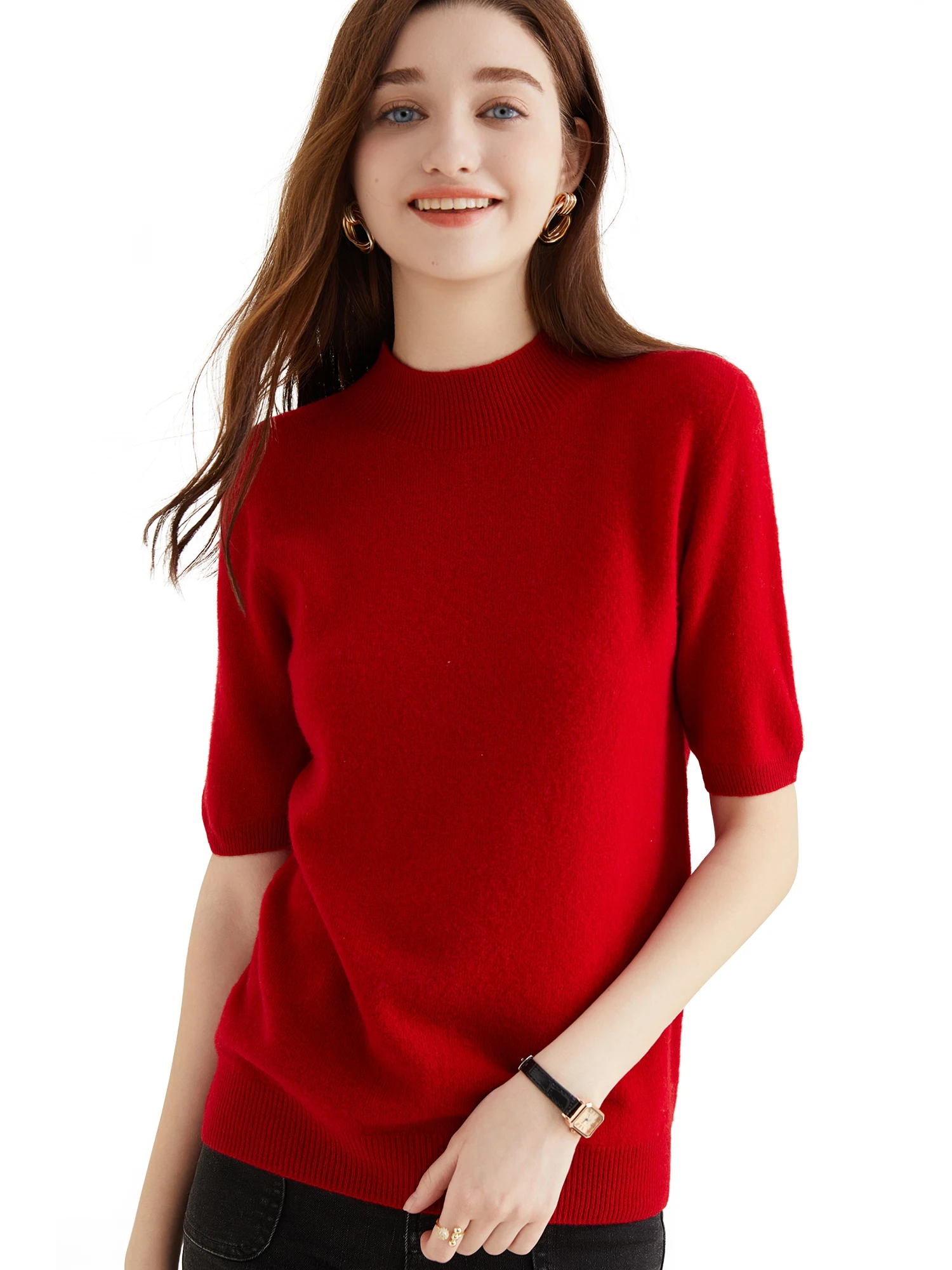 Wool Top Women's Sweater Knitwears Short Sleeve Pullover 100% Wool Half Turtleneck Sweater for Women Knit Jumper Female Clothing