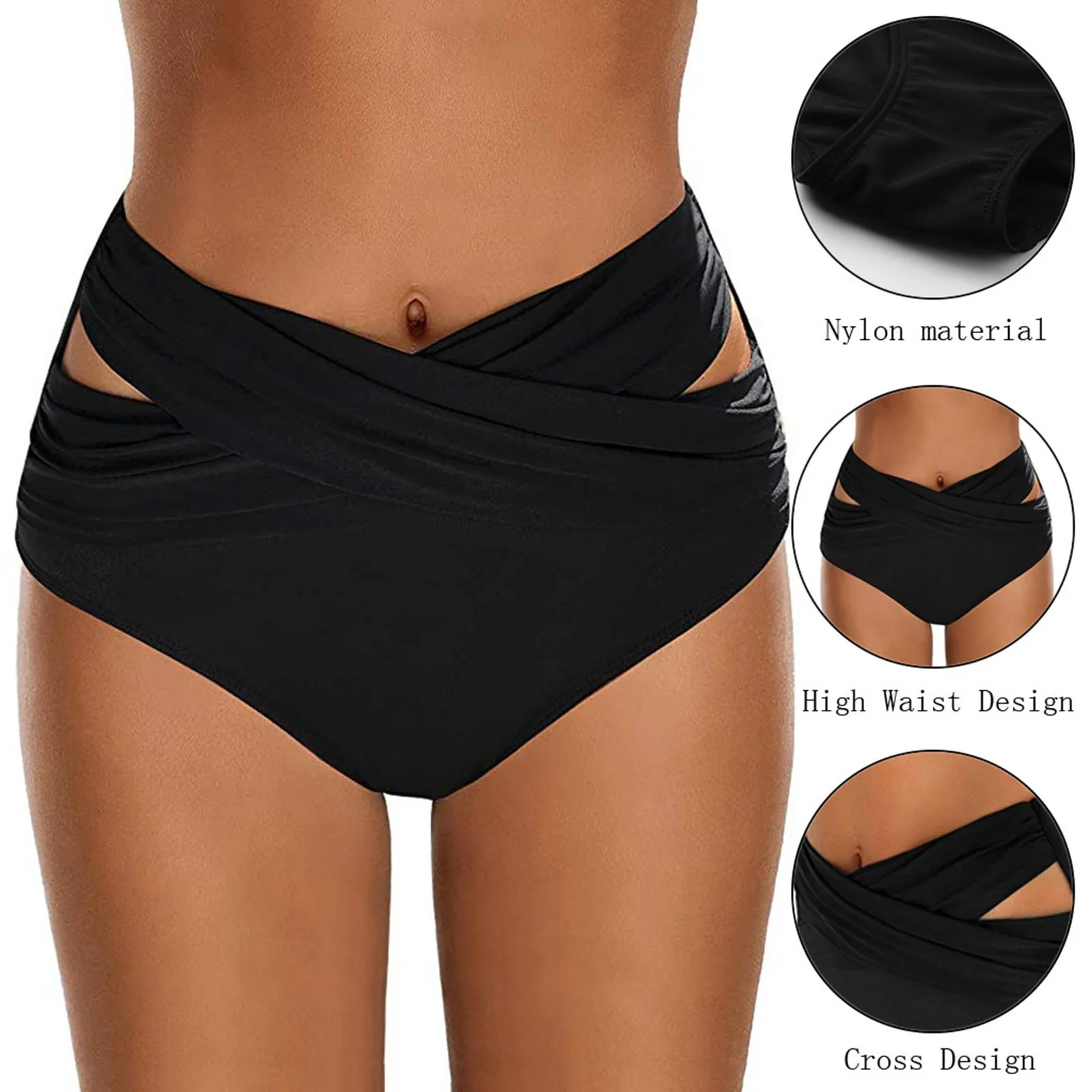 Women'S High Waisted Tight Swimming Trunks Cross Black Pleated Bikini  Bottoms Swimsuit Briefs Beachwear Bathing Suit Pants - AliExpress