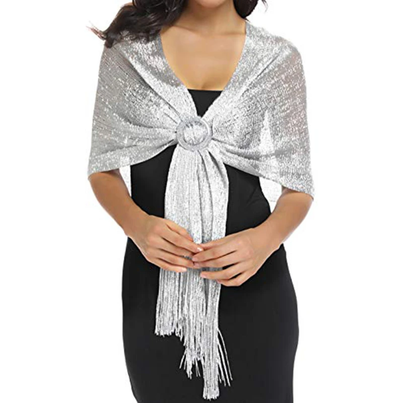 Mode Helle Sonnencreme Schal Hijab Gold Silber Glänzende Schals Für Frauen Spitze Quaste Party Abendkleid Schal – Detail 1