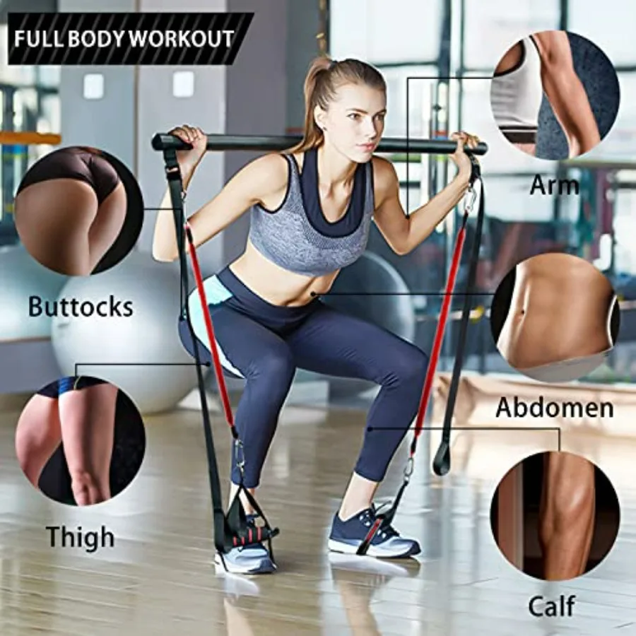 180LBS Adjustable Pilates Toning Bar Kit with Resistance Bands, Anti-Break, Full Body Dynamic Workout, Home Portable Gym