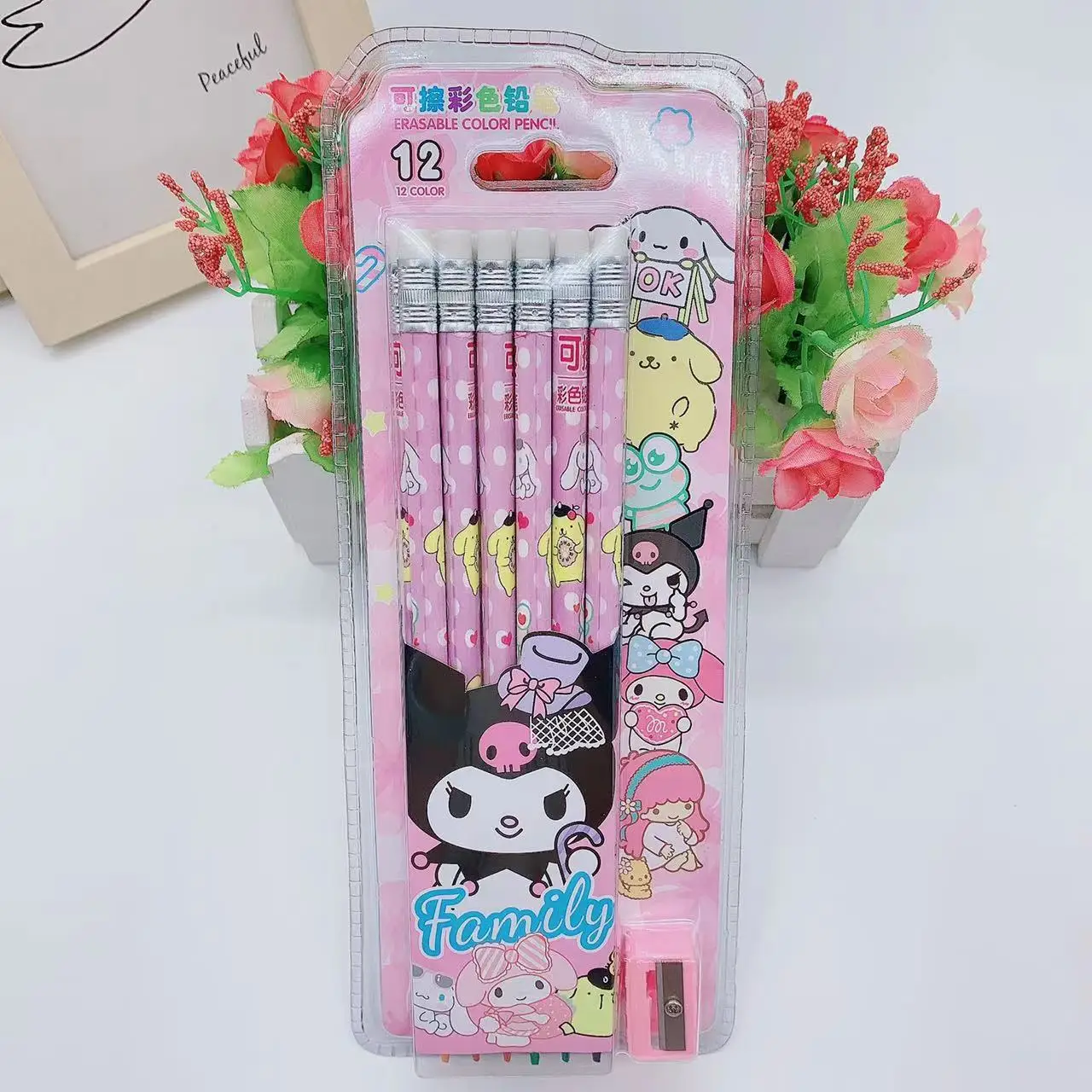 12Pcs Kawaii Sanrio Erasable Color Pencil Cartoon Anime Cinnamoroll My Melody with Eraser HB Children's Pencil Set Stationery