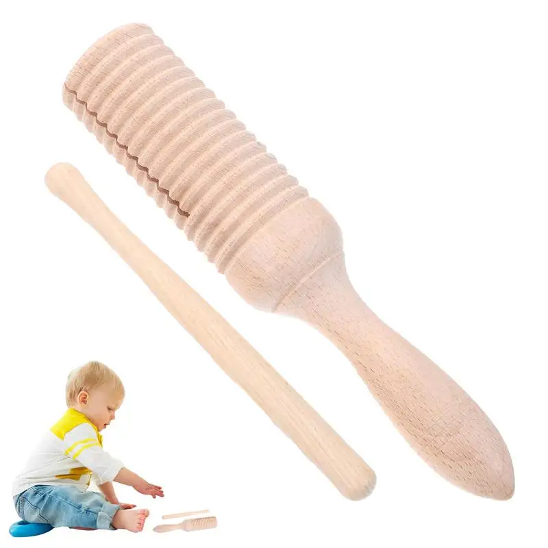 Guiro Instrument Percussion Wood Guiro Set Educational Wood Tambourine Stick Early Educational Music Rhythm Toys Tone Block