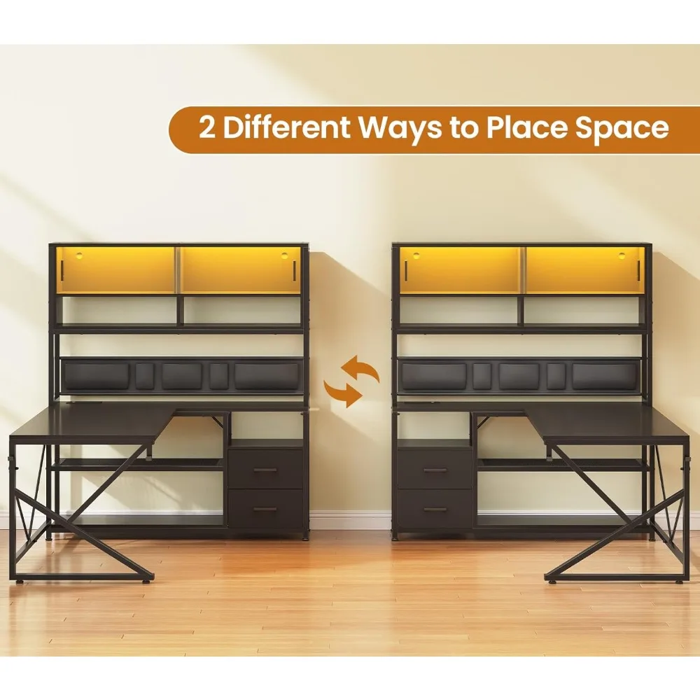 L Shaped Gaming Desk with LED Lights, Storage Shelves, Glass Cabinet & Power Outlets - Black Corner Computer Desk