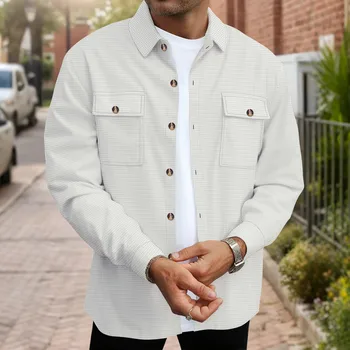 Chemise décontractée pour homme à texture gaufrée, boutonnée, à manches longues, col à revers, avec poches, style shacket, coupe oversize tendance