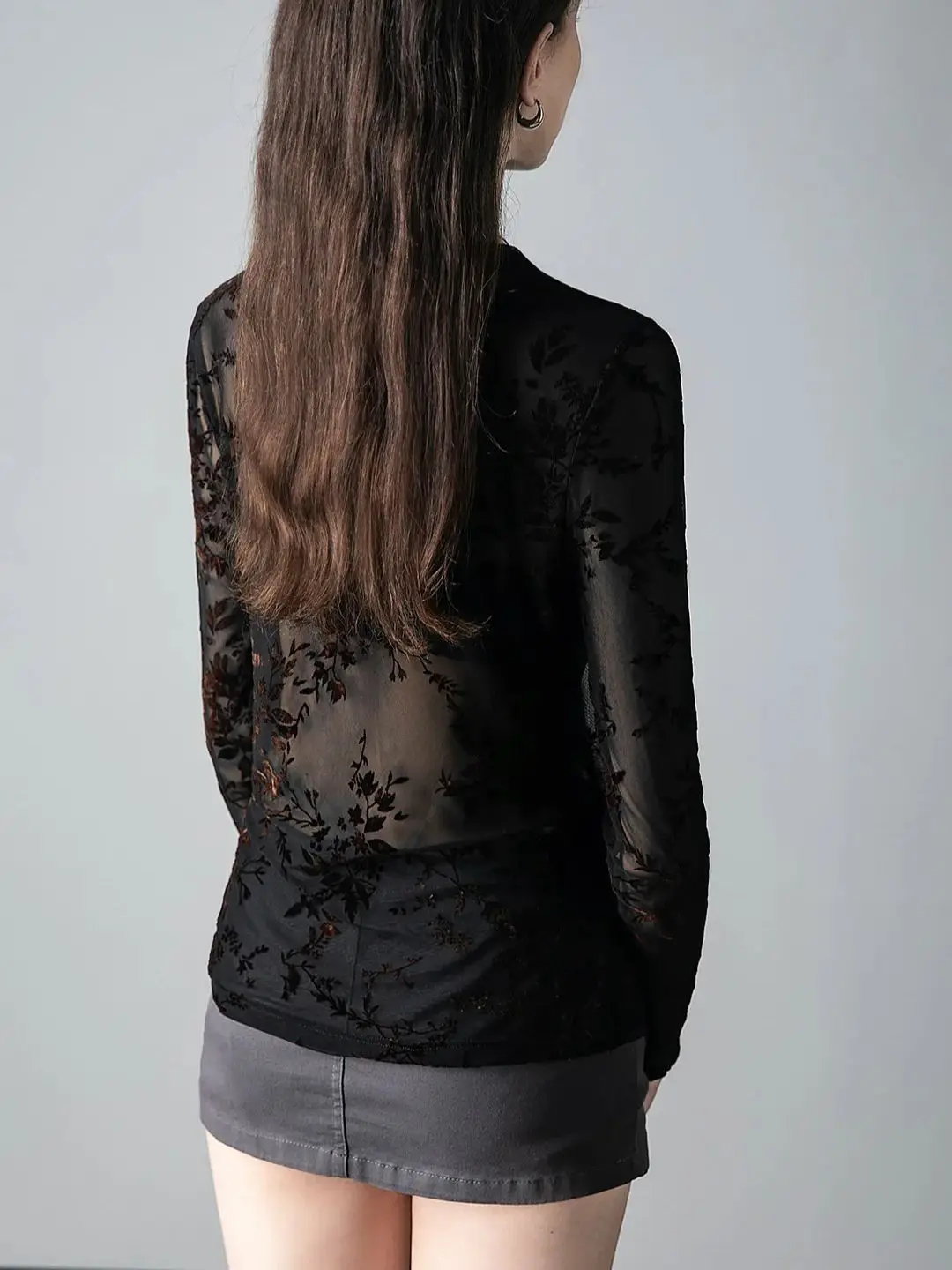 Autumn Round Neck Long Sleeve T-shirt Women's Fashion Slim Fit Fashion Trend See Throught T Shirts Flocking Flowers Tees 3