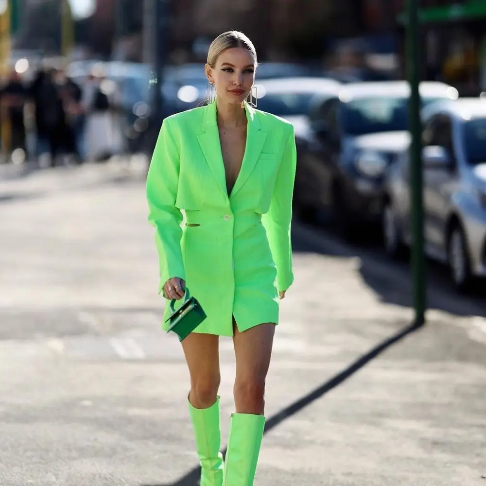 

2022 Fashion Blogger Fluorescent Green Suit Dress Spring Fashion Week New Design Waist Hollow Out Long Sleeve Mini Dresses