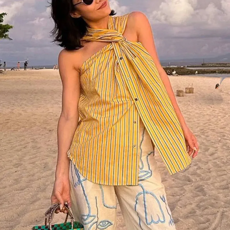 ECR Design Striped Blouses For Women Cross Collar Sleeveless Off Shoulder Hit Color Spliced Single Breasted Shirts Female Style