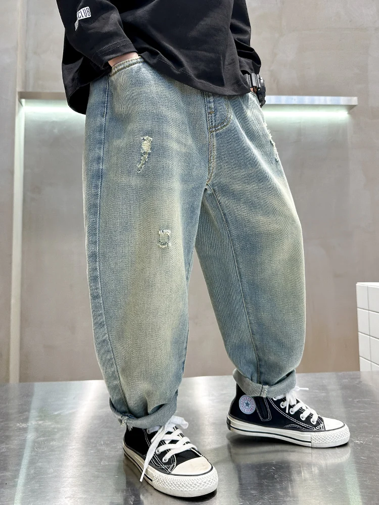 소년 자수 데님 청바지 봄 가을 캐주얼 루즈핏 패션 홀 팬츠 중대형 아동 아빠 바지 와이드 레그 밴딩 팬츠