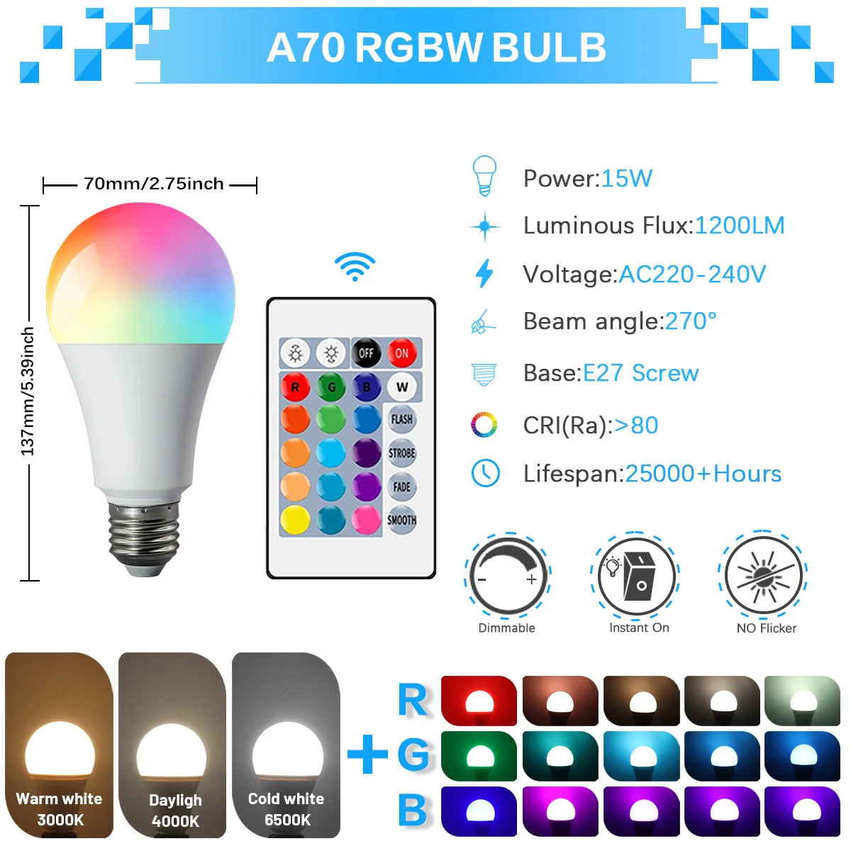 ตัวเลือกสินค้า หลอดไฟ LED สีสันสดใส ปรับแสงได้ 20W