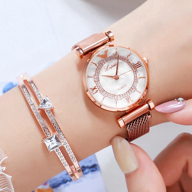 Luxus Edelstein Cut Blume Spiegel Frauen Uhren Magnet Mesh Band Strass  Quarz Armbanduhr Weibliche Diamant Uhr zegarek damsk