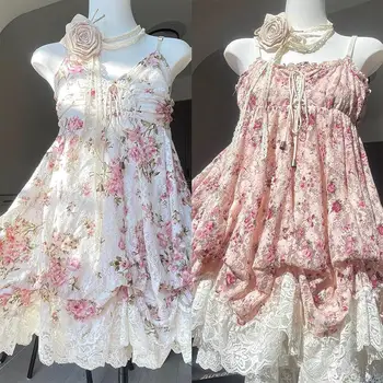 2000s Gothic Vintage Mini Dress Women Sleeveless Strap Party Dress Evening Lace Retro Cltohing Japanese Y2k Black Chic Lolita 1