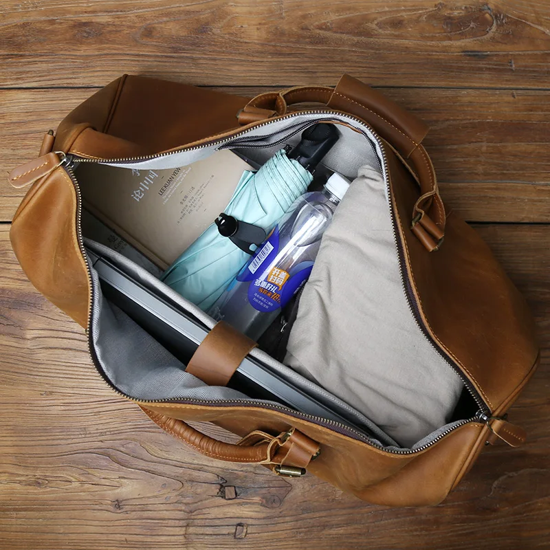 NZPJ Retro Genuine Leather Travel Bag Crazy Horse Leather Men's Handbag Top Layer Cowhide Crossbody Bag Wearable Trolley Luggage