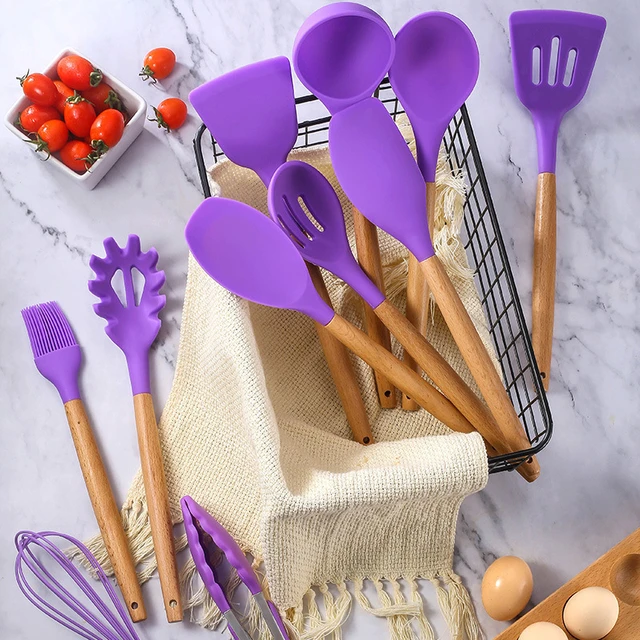 12Pcs Silicone Kitchen Utensils Set Non-Stick Kitchenware Cooking Set with  Holder,Wooden Handle Spatula Spoon Cookware Set - AliExpress