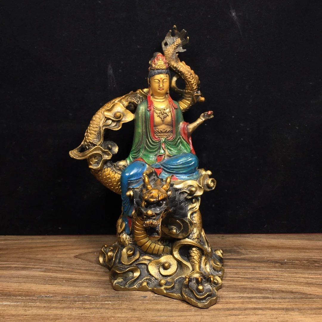

9"Tibetan Temple Collection Old Bronze Painted Sitting Dragon Guanyin Bodhisattva Sitting Buddha Worship Hall Town house